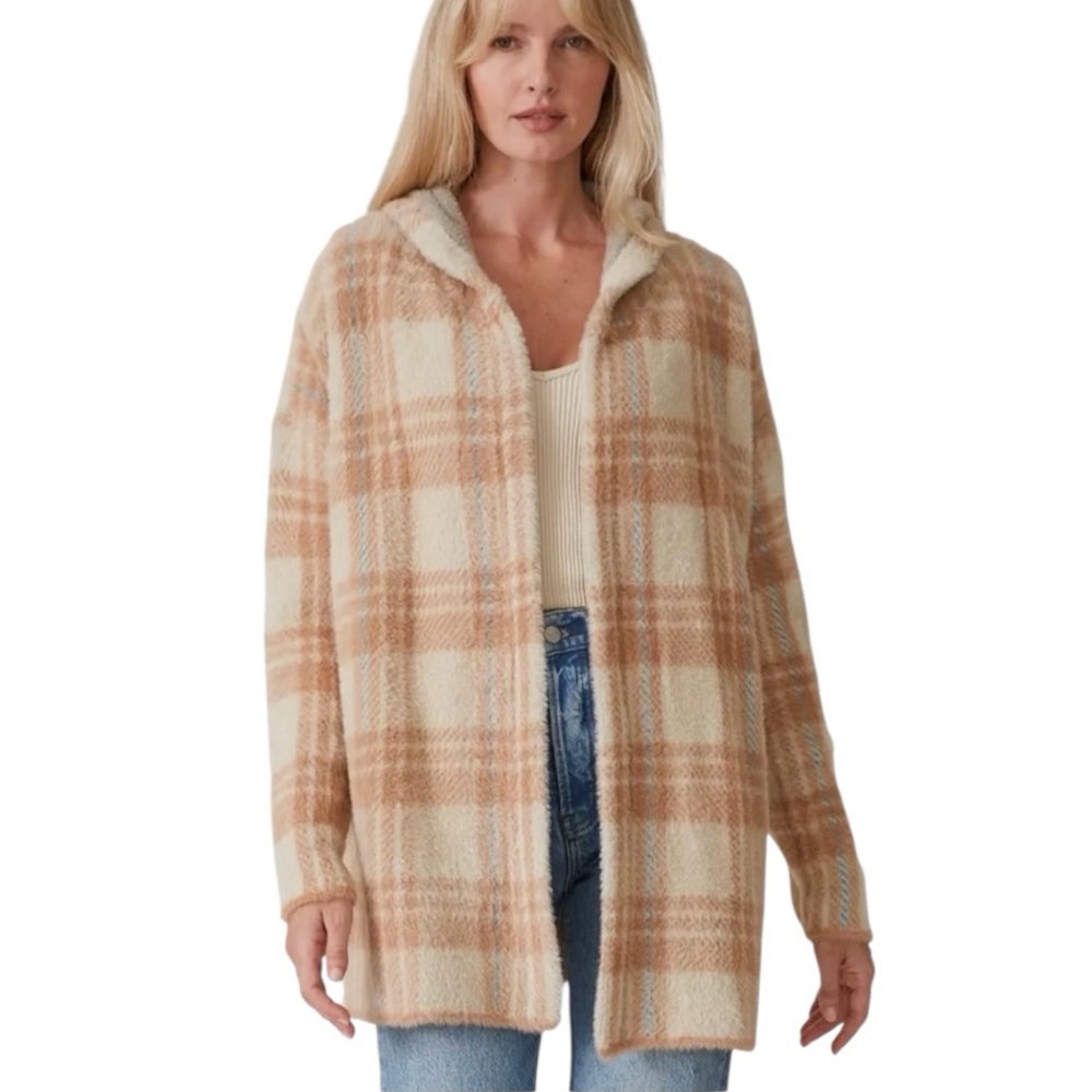 Hooded Beige and Cream Plaid Teddy Sweater Jacket NWT